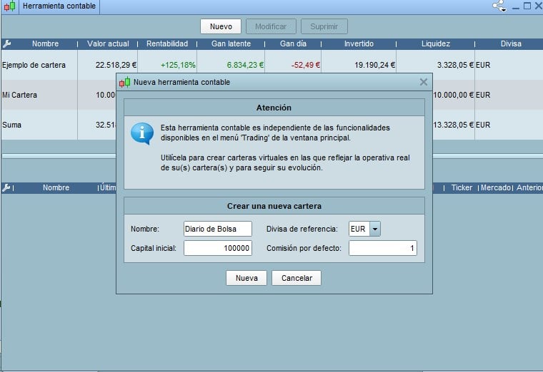 Configuración de la herramienta contable de ProRealTime - Metiendo operaciones