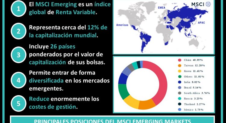 Esquema características principales MSCI Emerging Markets, mapa con países incluidos y logos de empresas de las principales posiciones
